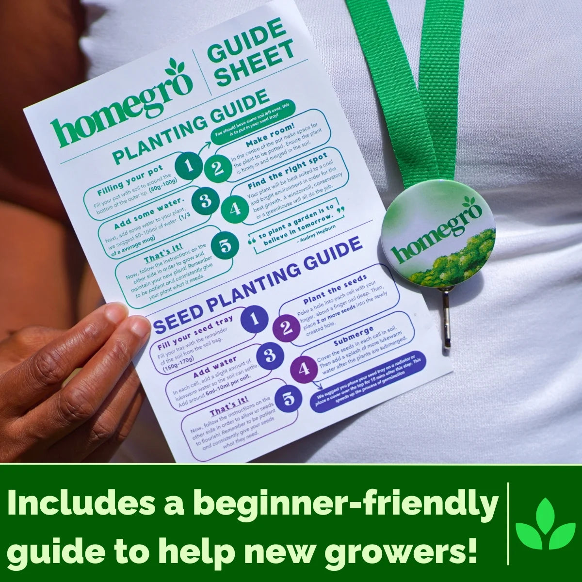 Someone holding a Homegro guide sheet