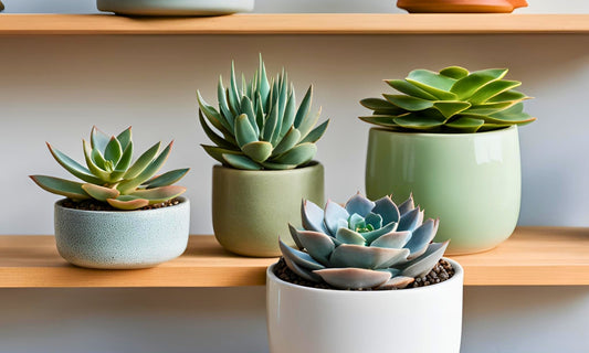 4 different Homegro succulents assorted on a shelf in a home