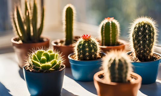 Several miniature homegro cacti plants on windowsill on a sunny day