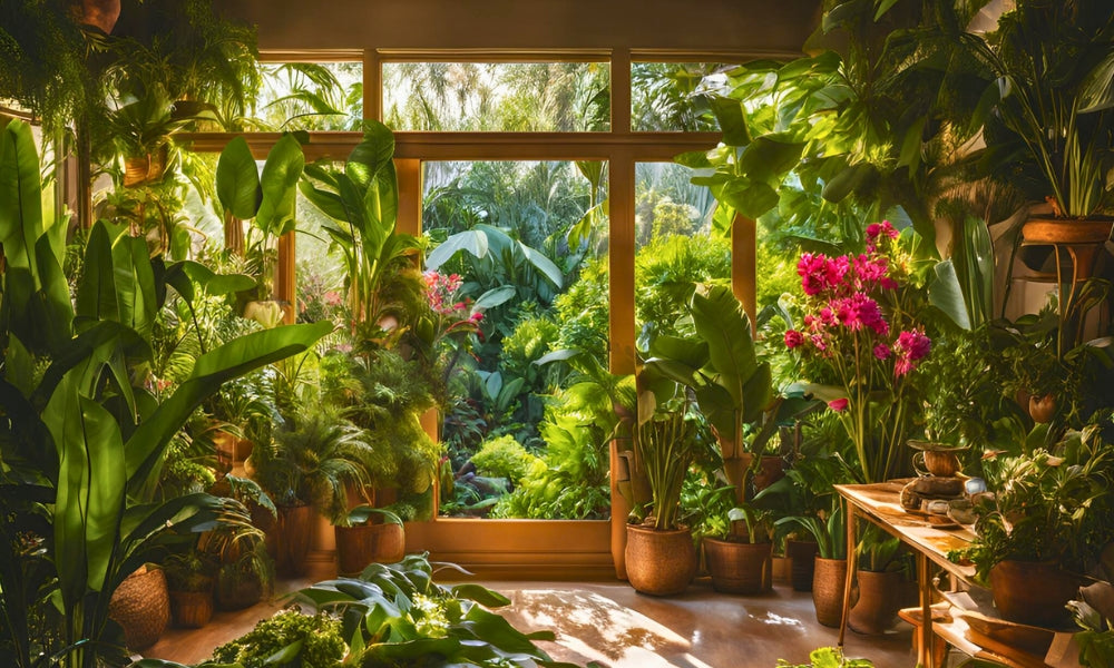 A home with houseplants the walls inside with plants also visible outside through the window