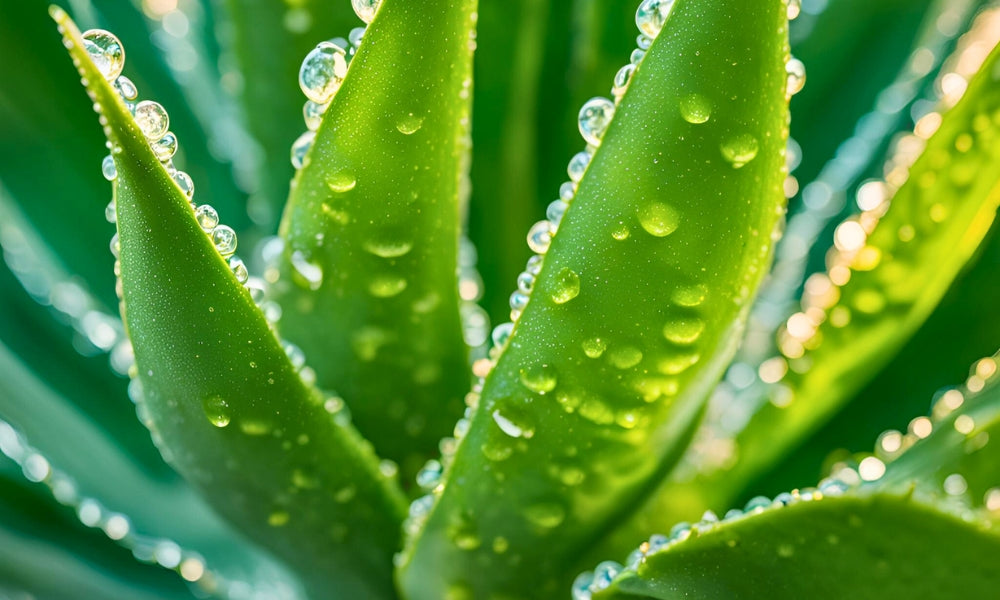 A Homegro bright green aloe vera plant covered in water droplets