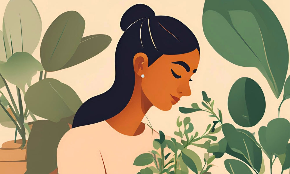 Illustration of a women catering and looking at her houseplants