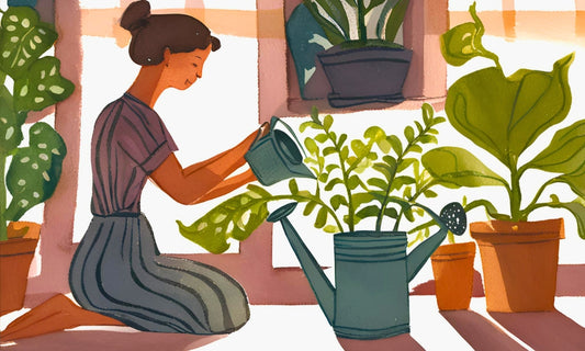 Illustration of a woman adding fertiliser to her houseplant/watering can 