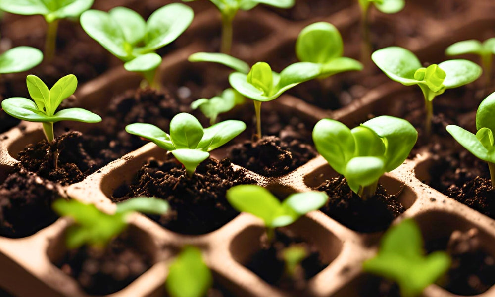 Several seedlings starting to sprout out off a seed tray