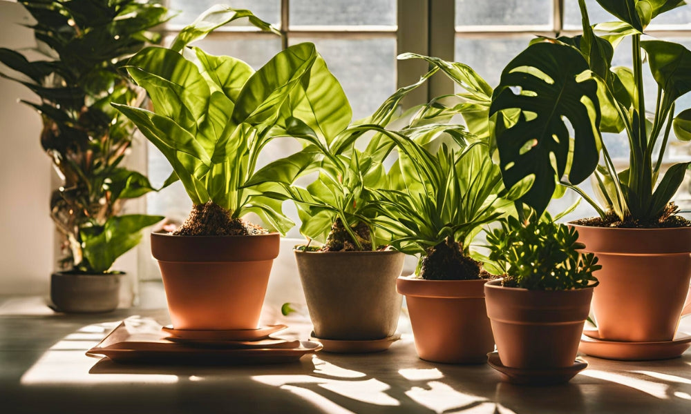 A collection of Homegro houseplants on a windowsill with sunlight coming through the window