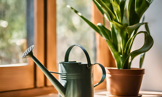 A watering can next to a Homegro houseplant near a window